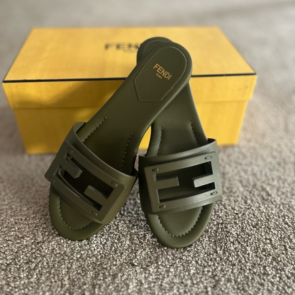 Fendi Green Slide Sandals with H-Cutout Design